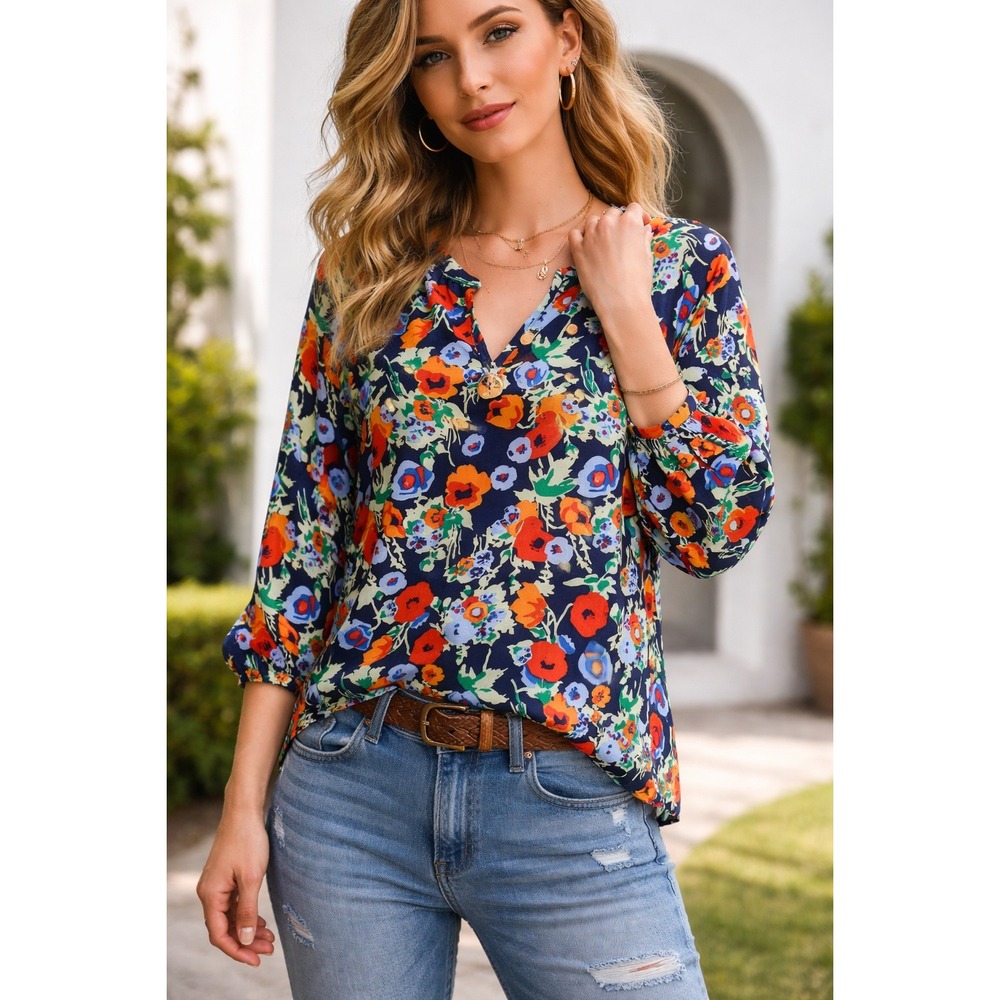 JOIE Navy Floral Print Mckenna Silk Blouse Women's Size Small MSRP $258